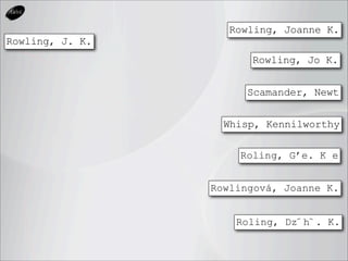 Rowling, Joanne K.
Rowling, J. K.
                       Rowling, Jo K.


                      Scamander, Newt


                   Whisp, Kennilworthy

                     Roling, G’e. K e


                 Rowlingová, Joanne K.


                     Roling, Dz︠h︡. K.
 