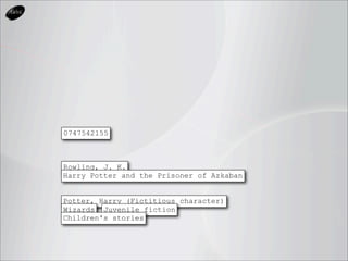 0747542155



Rowling, J. K.
Harry Potter and the Prisoner of Azkaban


Potter, Harry (Fictitious character)
Wizards Juvenile fiction
Children's stories
 