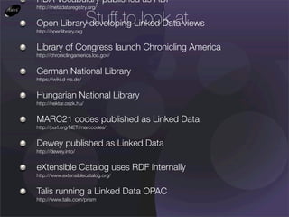 RDA Vocabulary published as RDF
http://metadataregistry.org/

                         Stuff to look at...
Open Library developing Linked Data views
http://openlibrary.org


Library of Congress launch Chronicling America
http://chroniclingamerica.loc.gov/


German National Library
https://wiki.d-nb.de/


Hungarian National Library
http://nektar.oszk.hu/


MARC21 codes published as Linked Data
http://purl.org/NET/marccodes/


Dewey published as Linked Data
http://dewey.info/


eXtensible Catalog uses RDF internally
http://www.extensiblecatalog.org/


Talis running a Linked Data OPAC
http://www.talis.com/prism
 