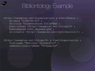Bibliontology
AcademicArticle, Article, AudioDocument,
AudioVisualDocument, Bill, Book, BookSection, Brief, Chapter,
Code,...