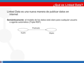 ¿Qué es Linked Data? Linked Data es una nueva manera de publicar datos en internet Semánticamente : el modelo de los datos está claro para cualquier usuario o agente automático (Triple RDF) Sujeto Objeto Predicado 
