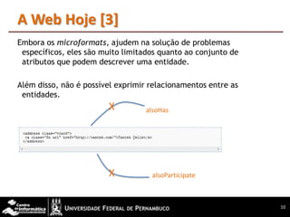 A Web Hoje [3]
Embora os microformats, ajudem na solução de problemas
 específicos, eles são muito limitados quanto ao conjunto de
 atributos que podem descrever uma entidade.

Além disso, não é possível exprimir relacionamentos entre as
 entidades.
                        X         alsoHas




                        X           alsoParticipate



                                                               10
 