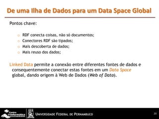 De uma Ilha de Dados para um Data Space Global
Pontos chave:

   o   RDF conecta coisas, não só documentos;
   o   Conectores RDF são tipados;
   o   Mais descoberta de dados;
   o   Mais reuso dos dados;


Linked Data permite a conexão entre diferentes fontes de dados e
 consequentemente conectar estas fontes em um Data Space
 global, dando origem à Web de Dados (Web of Data).




                                                                   20
 