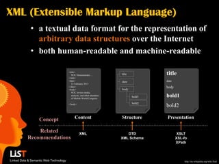 XML (Extensible Markup Language)
             • a textual data format for the representation of
               arbitrary data structures over the Internet
             • both human-readable and machine-readable

                                        <title>
                                           W3C Demonstrates …              title           title
                                        </title>
                                        <date>                             date            date
                                           12 February 2013
                                        </date>                                            body
                                        <body>                             body
                                           W3C invites media,
                                           analysts, and other attendees
                                           of Mobile World Congress
                                                                                   bold1   bold1
                                           …
                                                                                   bold2
                                        </body>
                                                                                           bold2

                   Concept                    Content                      Structure       Presentation

               Related                             XML                        DTD                  XSLT
           Recommendations                                                 XML Schema             XSL-fo
                                                                                                  XPath



Linked Data & Semantic Web Technology                                                                 http://en.wikipedia.org/wiki/Xml
 