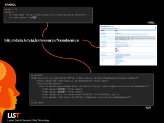 SPARQL
select ?s
where {
   ?s rdf:type <http://data.kdata.kr/class/NationalTreasure> .
   ?s rdfs:label "남대문" .
}
                                                                                                          HTML




http://data.kdata.kr/resource/Namdaemun




                     <rdf:RDF>
                     <rdf:Description rdf:about="http://data.kdata.kr/data/Namdaemun?output=rdfxml">
                         <rdfs:label>RDF description of Namdaemun</rdfs:label>
                         <foaf:primaryTopic>
                           <kdc:StateDesignatedHeritage rdf:about="http://data.kdata.kr/resource/Namdaemun">
                             <rdfs:label>남대문</rdfs:label>
                             <rdfs:label>숭례문</rdfs:label>
                             <foaf:depiction rdf:resource="20060227132556895000.jpg"/>
                             <owl:sameAs rdf:resource="http://dbpedia.org/resource/Namdaemun"/>
                     ...
                     </rdf:RDF>

                                                                                                         RDF



 Linked Data & Semantic Web Technology
 