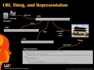URI, Thing, and Representation
                              looks up
                                                  URI
      Person                                      http://data.kdata.kr/resource/Namdaemun
Machine
                                        refers

 URI
 http://data.kdata.kr/resource/Sungnyemun
                                                            links                 identifies
                                                                                     and
                                                                                    names
                           URI
                                                                                                                          Thing
                           http://dbpedia.org/resource/Namdaemun

                                                                                            represents

                             Representation
                             <html xmlns="http://www.w3.org/1999/xhtml" xml:lang="en" lang="en">
                               <head>
                                 <title>Namdaemun | kdata.kr</title>
                                 <link rel="alternate" type="application/rdf+xml" href="http://data.kdata.kr/data/Namdaemun" title="RDF" />
                             </head>
                               <body onLoad="init();">
                                   <div id="header">
                                   <div>
                                      <h1 id="title">Namdaemun</h1>
                                      <div id="homelink"> &nbsp;at <a href="http://kdata.kr">kdata.kr</a>




Linked Data & Semantic Web Technology                                                             http://www.slideshare.net/lysander07/open-hpi-semweb02part1
 