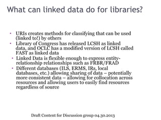 What can linked data do for libraries?
• URIs creates methods for classifying that can be used
(linked to!) by others
• Library of Congress has released LCSH as linked
data, and OCLC has a modified version of LCSH called
FAST as linked data
• Linked Data is flexible enough to express entity-
relationship relationships such as FRBR/FRAD
• Different databases (ILS, ERMS, IRs, local
databases, etc.) allowing sharing of data – potentially
more consistent data – allowing for collocation across
resources and allowing users to easily find resources
regardless of source
Draft Content for Discussion group 04.30.2013
 