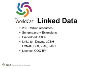 The world’s libraries. Connected.
• 290+ Million resources
• Schema.org + Extensions
• Embedded RDFa
• Links to: Dewey, LCSH
LCNAF, DOI, VIAF, FAST
• License: ODC-BY
Linked Data
 