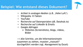 Beispiel: Wie entstand dieses Dokument?
• Artikel in analogen Medien (z.B. ‚Hohe Luft‘)
• Wikipedia  Fakten
• YouTube
• Recherche auf Datenportalen (zB. Datahub.io)
• Recherche auf LinkedIn & Emails
• Google Abfragen
 Websites (Screenshots), blogs, videos,
Bilder
→ Alle Schritte, um die Informationsinseln
zusammen zu ziehen, mussten „manuell“
durchgeführt werden (vgl. Management by Excel)
 
