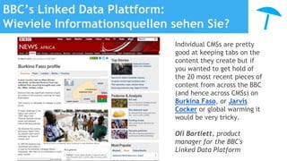 BBC’s Linked Data Plattform:
Wieviele Informationsquellen sehen Sie?
Individual CMSs are pretty
good at keeping tabs on the
content they create but if
you wanted to get hold of
the 20 most recent pieces of
content from across the BBC
(and hence across CMSs) on
Burkina Faso, or Jarvis
Cocker or global warming it
would be very tricky.
Oli Bartlett, product
manager for the BBC's
Linked Data Platform
 