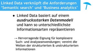 Linked Data verknüpft die Anforderungen
‘Semantic search’ und ‘Business analytics’
● Linked Data basiert auf einem
ausdrucksstarken Datenmodell
und kann so unterschiedlichste
Informationsarten repräsentieren
→ Hervorragende Eignung für komplexere
Such- und Analyseanwendungen; vereint die
Welten der strukturierten & unstrukturierten
Informationen
 