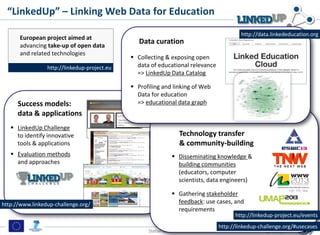 “LinkedUp” – Linking Web Data for Education
L
European project aimed at
advancing take-up of open data
and related technologies
http://linkedup-project.eu

Success models:
data & applications

http://data.linkededucation.org

Data curation
 Collecting & exposing open
data of educational relevance
=> LinkedUp Data Catalog
 Profiling and linking of Web
Data for education
=> educational data graph

 LinkedUp Challenge
to identify innovative
tools & applications
 Evaluation methods
and approaches

http://www.linkedup-challenge.org/

Technology transfer
& community-building
 Disseminating knowledge &
building communities
(educators, computer
scientists, data engineers)
 Gathering stakeholder
feedback: use cases, and
requirements

http://linkedup-project.eu/events

Stefan Dietze

http://linkedup-challenge.org/#usecases
18/11/13

13

 