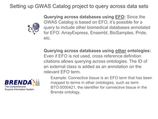 Setting up GWAS Catalog project to query across data sets
Querying across databases using EFO: Since the
GWAS Catalog is based on EFO, it’s possible for a
query to include other biomedical databases annotated
for EFO: ArrayExpress, Ensembl, BioSamples, Pride,
etc.
Querying across databases using other ontologies:
Even if EFO is not used, cross reference definition
citations allows querying across ontologies. The ID of
an external class is added as an annotation on the
relevant EFO term.
Example: Connective tissue is an EFO term that has been
mapped to terms in other ontologies, such as term
BTO:0000421, the identifier for connective tissue in the
Brenda ontology.
 