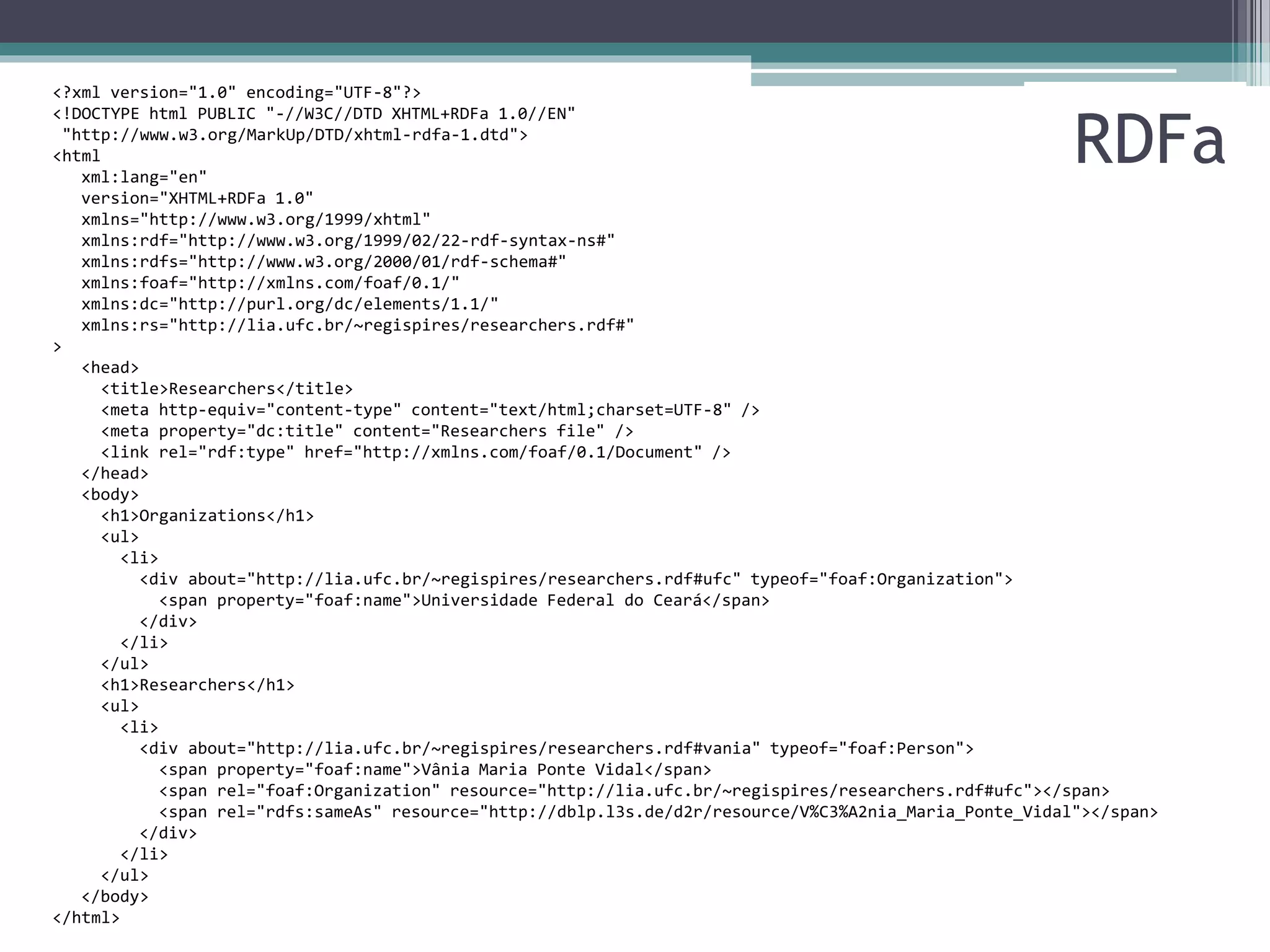 RDF Benchmarks
http://www.w3.org/wiki/RdfStoreBenchmarking

• Comparam a performance de sistemas de
  armazenamento que expõem SPARQL Endpoints,
  sejam RDF Stores ou não.

• Berlin SPARQL Benchmark (BSBM)
 ▫ http://www4.wiwiss.fu-berlin.de/bizer/BerlinSPARQLBenchmark/
• Lehigh University Benchmark (LUBM)
 ▫ http://swat.cse.lehigh.edu/projects/lubm/
• SP²Bench SPARQL Performance Benchmark
  (SP2B)
 ▫ http://dbis.informatik.uni-freiburg.de/index.php?project=SP2B
 