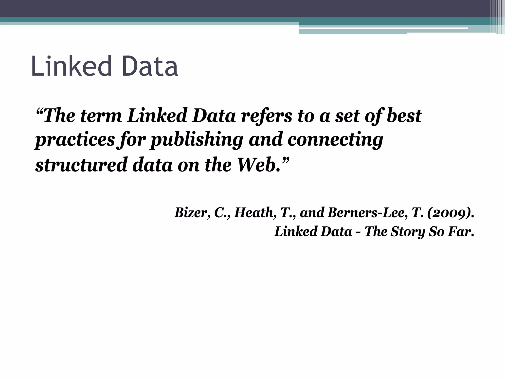 Problemas
• As pessoas não estão interessadas em
  documentos, mas em coisas que estão neles.
• As pessoas podem analisar os documentos para
  extrair significado.
 ▫ As máquinas ainda não fazem isso de forma viável.
 ▫ HTML define a estrutura de um documento, mas
   não explica o seu significado.
• Como permitir que máquinas compreendam os
  dados publicados na Web?
 ▫ Precisamos de mecanismos para descrição
   semantica dos dados
 