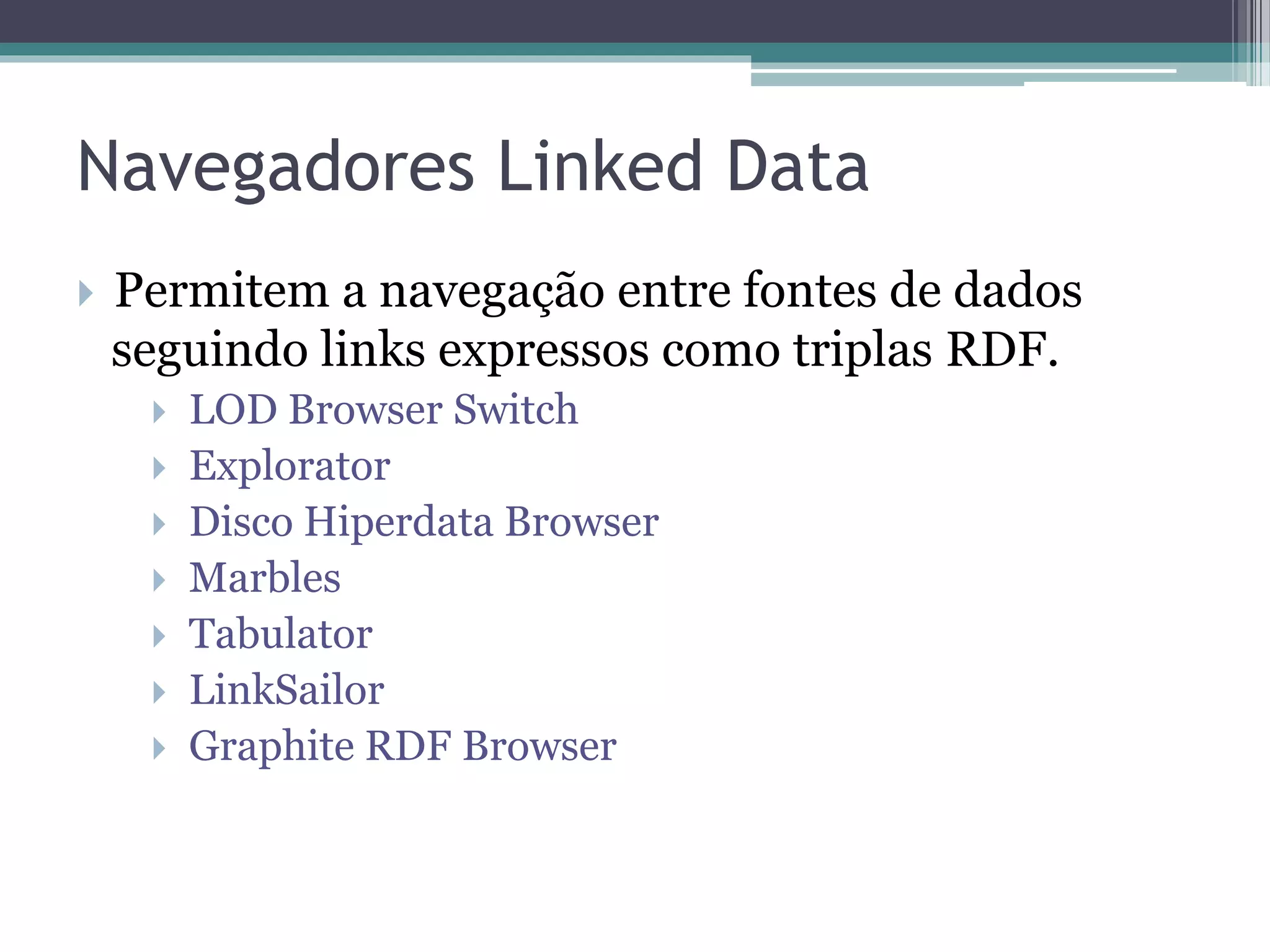 Processo StdTrip



• Conversão – transformação da estrutura do banco de
  dados relacional em uma ontologia RDF.
• Alinhamento – obtenção de correspondências entre a
  ontologia obtida na conversão e um conjunto de
  vocabulários padrões.
• Seleção - listas de possíveis correspondências são
  apresentadas para que o usuário selecione.
• Inclusão – para elementos que o processo não obteve
  resultado, uma lista de possíveis correspondências de
  outros vocabulários é apresentada.
 