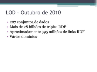 Workshop Linked Data on the Web
(LDOW)
• Importante iniciativa dentro da programação da
  International World Wide Web Conference
  (WWW) a partir de 2008.
 