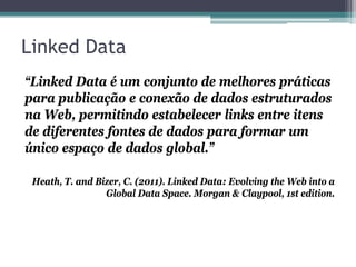 Início
• O pontapé inicial para essas melhores práticas
  foram os princípios de Linked Data
  estabelecidos por Tim Berners Lee em 2006.


     Tim Berners-Lee 2006
     http://www.w3.org/DesignIssues/LinkedData.html
 