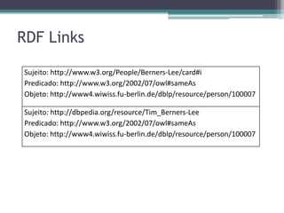 Padrões usados em Linked Data
▫ Modelo RDF
  A utilização um modelo de dados comum torna
   possível a implementação de aplicações genéricas
   capazes de operar sobre o espaço de dados global
   [Heath and Bizer 2011] .
  Descentralizado, baseado em grafo e extensível,
   com alto nível de expressividade e permitindo a
   interligação entre conjuntos de dados através de
   Links RDF.
  Armazenamento através de grafo em memória,
   arquivo texto ou RDF Triple Store.
 