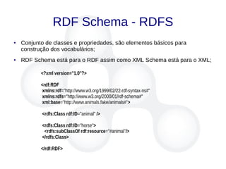 RDF Schema - RDFS
● Conjunto de classes e propriedades, são elementos básicos para
construção dos vocabulários;
● RDF Schema está para o RDF assim como XML Schema está para o XML;
<?xml version="1.0"?>
<rdf:RDF
xmlns:rdf="http://www.w3.org/1999/02/22-rdf-syntax-ns#"
xmlns:rdfs="http://www.w3.org/2000/01/rdf-schema#"
xml:base="http://www.animals.fake/animals#">
<rdfs:Class rdf:ID="animal" />
<rdfs:Class rdf:ID="horse">
<rdfs:subClassOf rdf:resource="#animal"/>
</rdfs:Class>
</rdf:RDF>
 