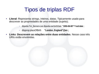 Tipos de triplas RDF
● Literal: Representa strings, inteiros, datas. Tipicamente usado para
descrever as propriedades de uma entidade (sujeito);
– dbpedia:Tim_Berners-Lee dbpedia-owl:birthDate "1955-06-08"^^xsd:date ;
– dbpprop:placeOfBirth "London, England"@en ;
● Links: Descrevem as relações entre duas entidades. Nesse caso três
URIs estão envolvidas.
 