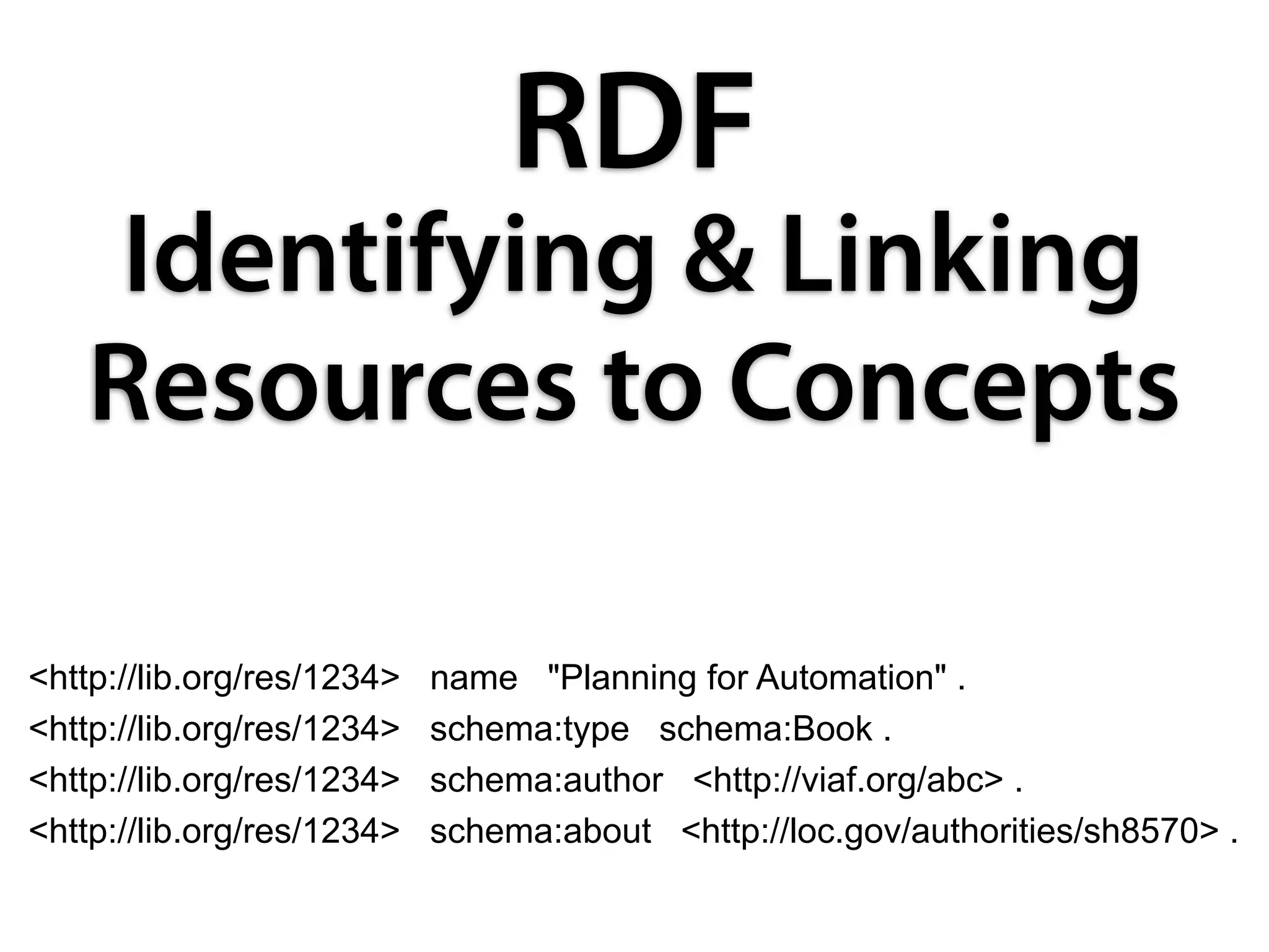 RDF
    Identifying & Linking
   Resources to Concepts

<http://lib.org/res/1234>   name "Planning for Automation" .
<http://lib.org/res/1234>   schema:type schema:Book .
<http://lib.org/res/1234>   schema:author <http://viaf.org/abc> .
<http://lib.org/res/1234>   schema:about <http://loc.gov/authorities/sh8570> .
 