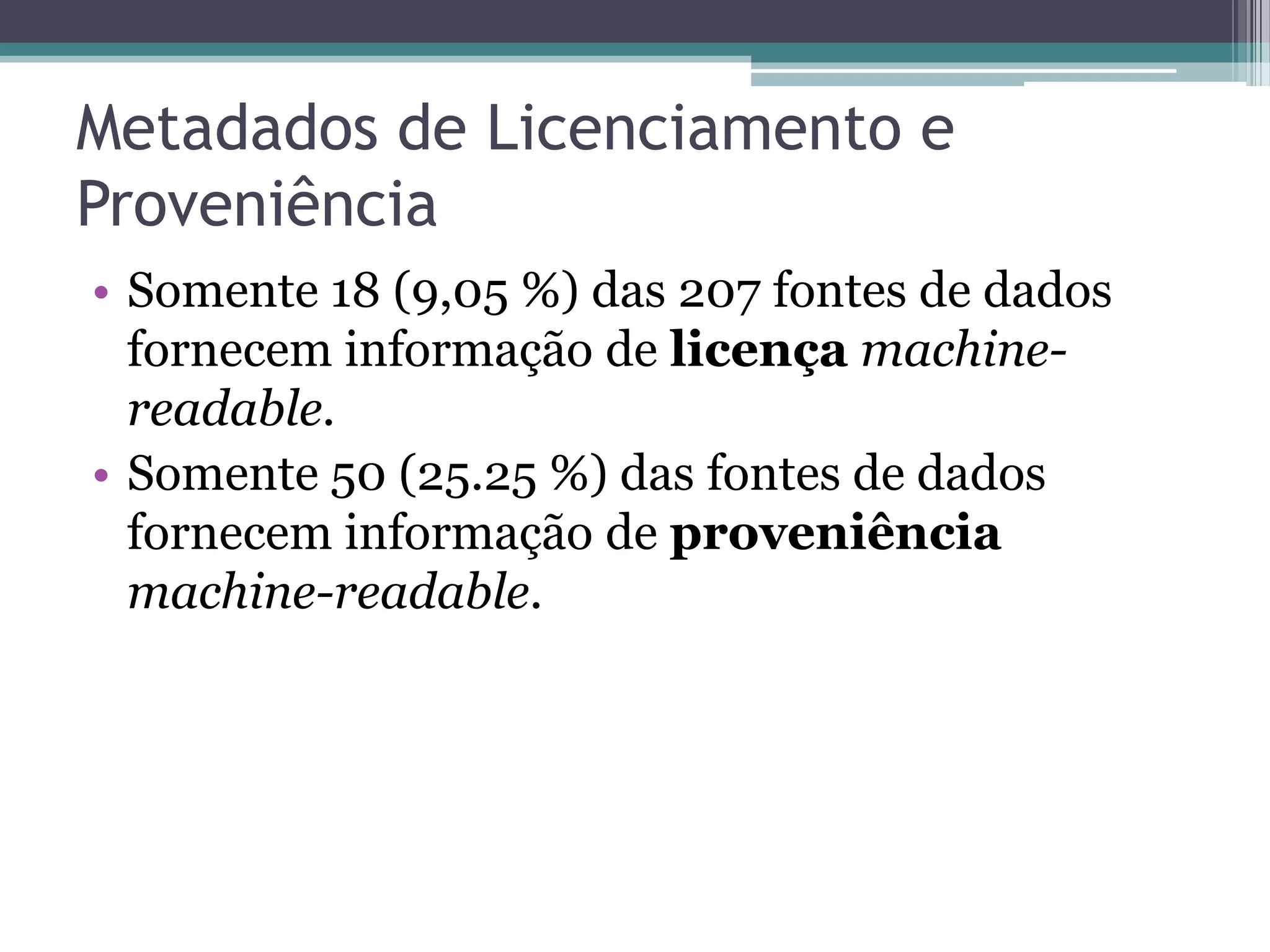 Metadados de Licenciamento e
Proveniência
• Somente 18 (9,05 %) das 207 fontes de dados
  fornecem informação de licença machine-
  readable.
• Somente 50 (25.25 %) das fontes de dados
  fornecem informação de proveniência
  machine-readable.
 