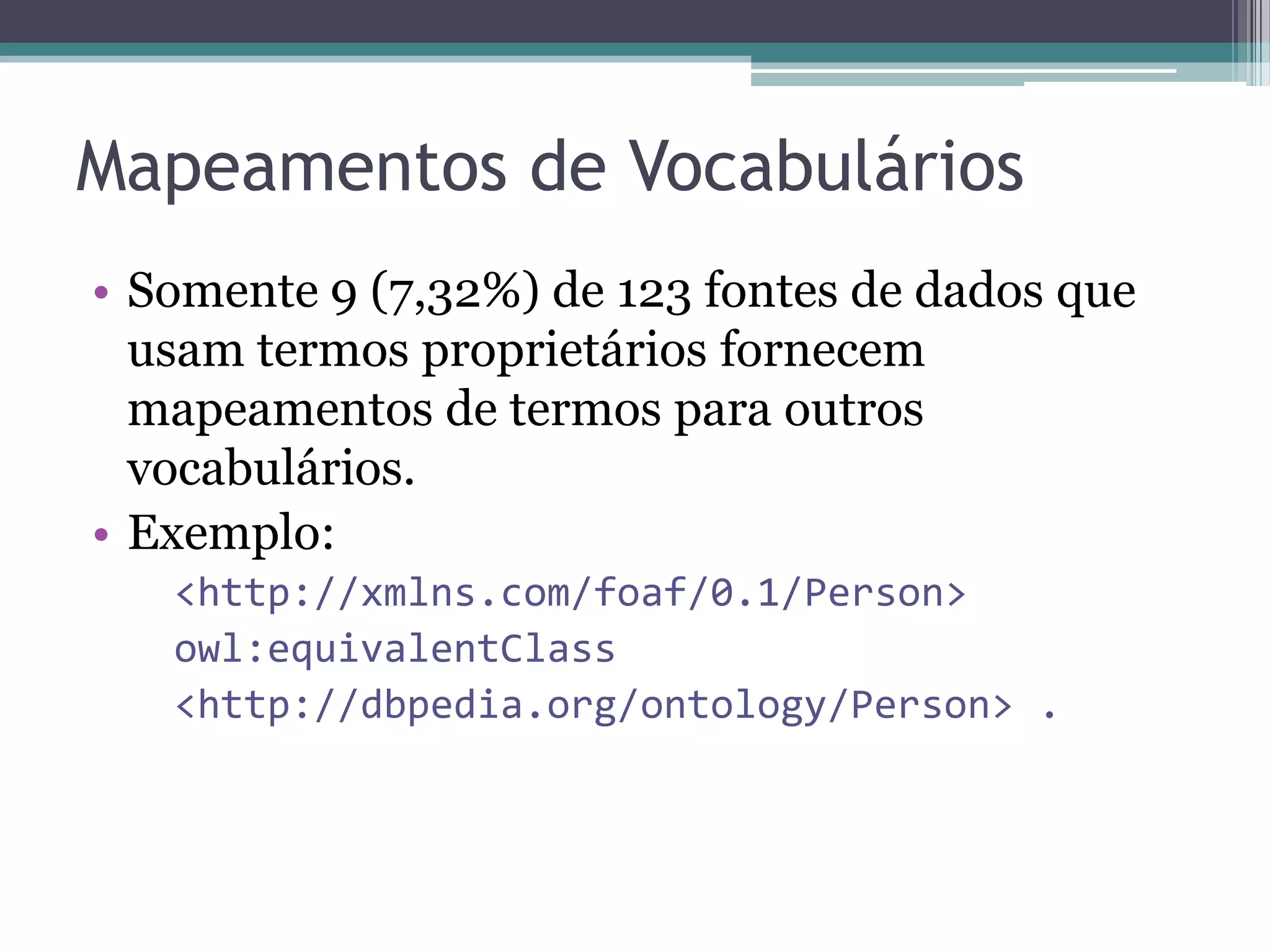 Mapeamentos de Vocabulários
• Somente 9 (7,32%) de 123 fontes de dados que
  usam termos proprietários fornecem
  mapeamentos de termos para outros
  vocabulários.
• Exemplo:
   <http://xmlns.com/foaf/0.1/Person>
   owl:equivalentClass
   <http://dbpedia.org/ontology/Person> .
 