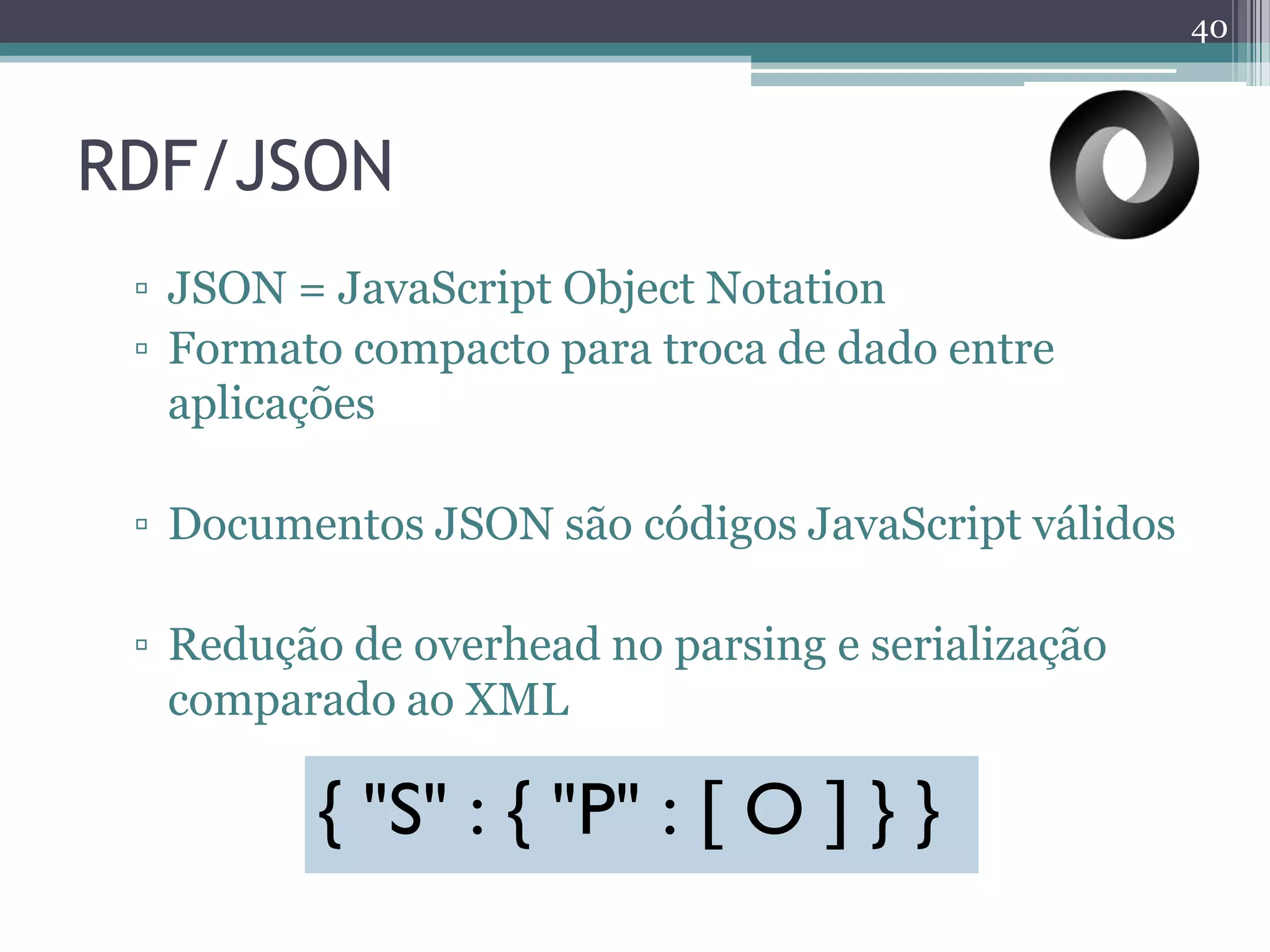 40



RDF/JSON
 ▫ JSON = JavaScript Object Notation
 ▫ Formato compacto para troca de dado entre
   aplicações

 ▫ Documentos JSON são códigos JavaScript válidos

 ▫ Redução de overhead no parsing e serialização
   comparado ao XML

         { "S" : { "P" : [ O ] } }
 