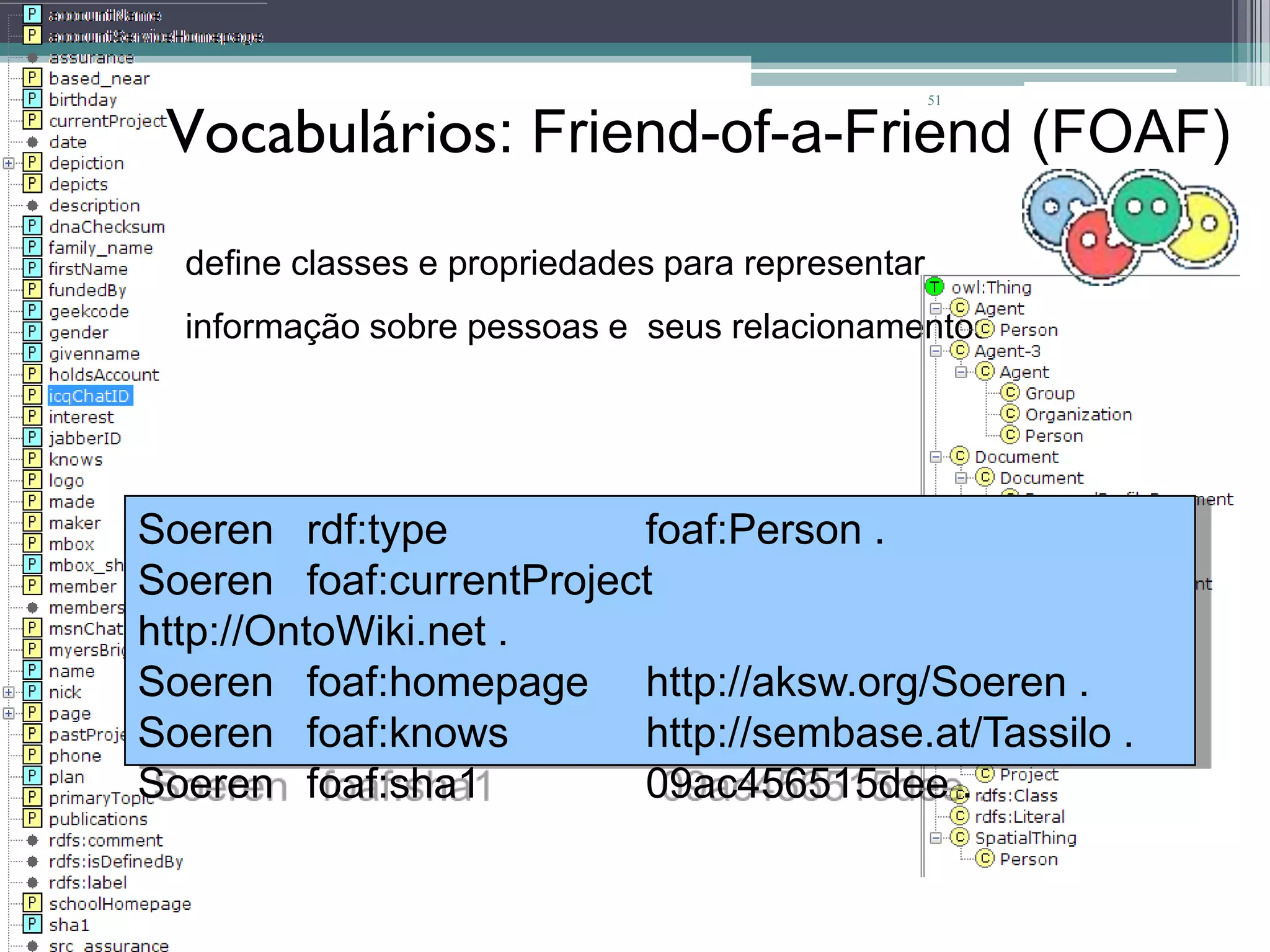 51


 Vocabulários: Friend-of-a-Friend (FOAF)
  define classes e propriedades para representar
  informação sobre pessoas e seus relacionamentos




Soeren rdf:type          foaf:Person .
Soeren foaf:currentProject
http://OntoWiki.net .
Soeren foaf:homepage http://aksw.org/Soeren .
Soeren foaf:knows        http://sembase.at/Tassilo .
Soeren foaf:sha1         09ac456515dee .
 