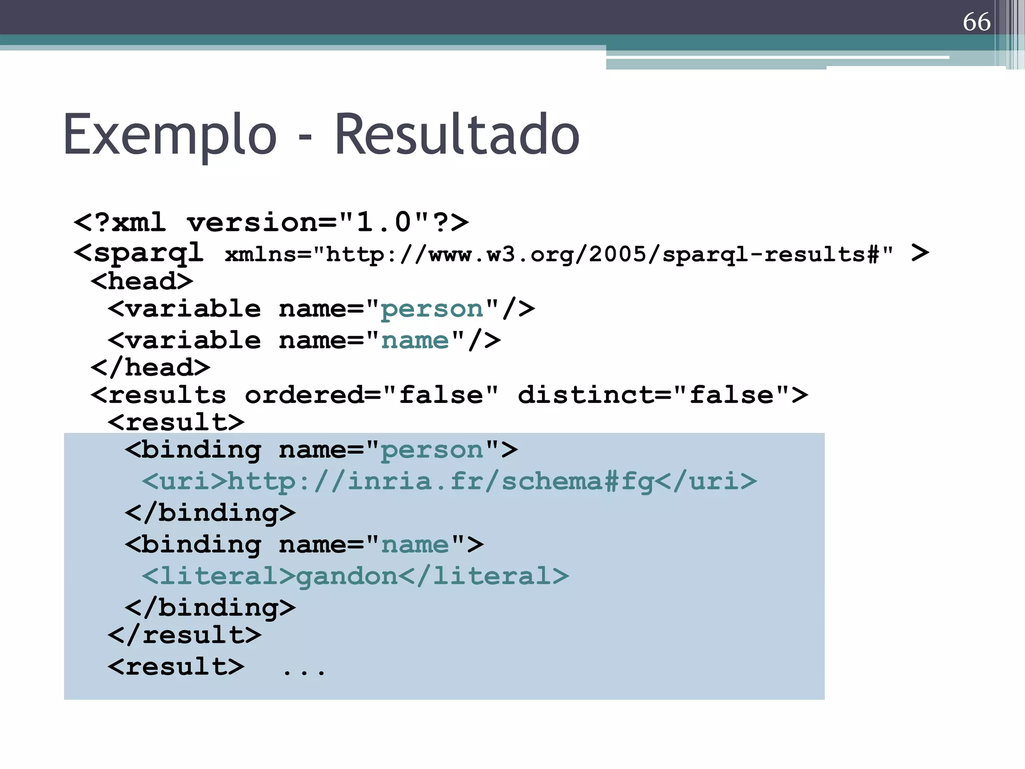 66



Exemplo - Resultado
<?xml version="1.0"?>
<sparql xmlns="http://www.w3.org/2005/sparql-results#" >
 <head>
  <variable name="person"/>
  <variable name="name"/>
 </head>
 <results ordered="false" distinct="false">
  <result>
   <binding name="person">
    <uri>http://inria.fr/schema#fg</uri>
   </binding>
   <binding name="name">
    <literal>gandon</literal>
   </binding>
  </result>
  <result> ...
 