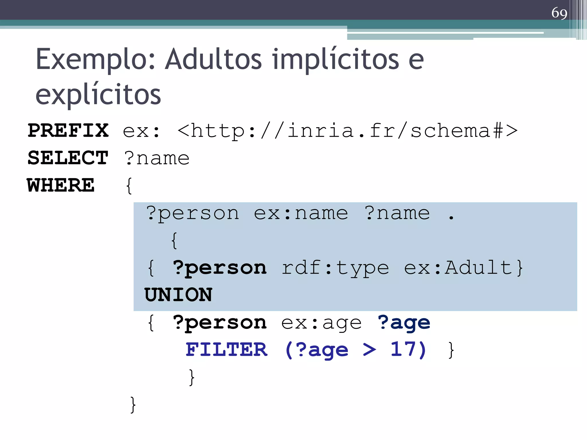 69


Exemplo: Adultos implícitos e
explícitos
PREFIX ex: <http://inria.fr/schema#>
SELECT ?name
WHERE {
         ?person ex:name ?name .
           {
         { ?person rdf:type ex:Adult}
         UNION
         { ?person ex:age ?age
             FILTER (?age > 17) }
             }
       }
 