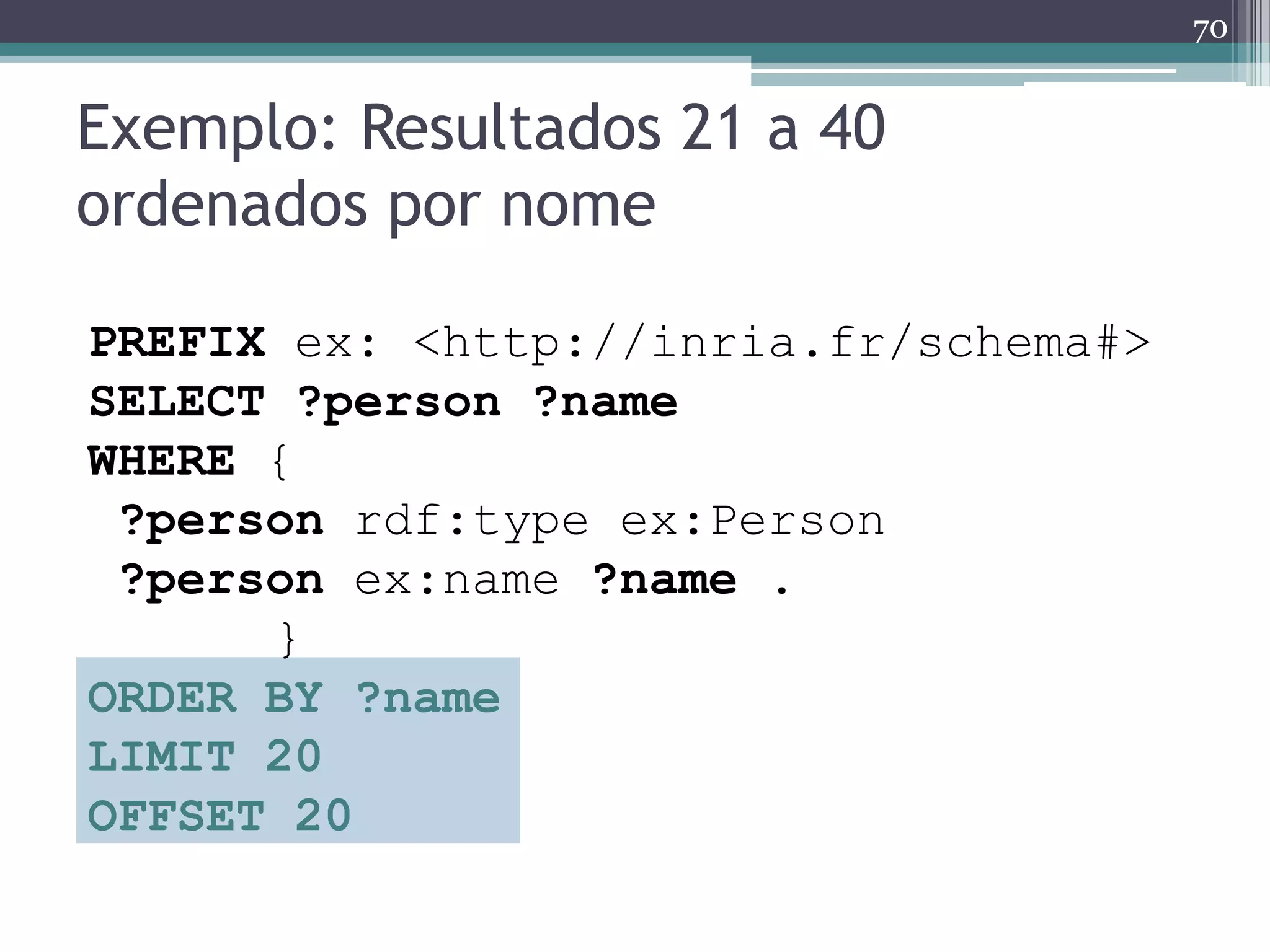 70


Exemplo: Resultados 21 a 40
ordenados por nome

PREFIX ex: <http://inria.fr/schema#>
SELECT ?person ?name
WHERE {
 ?person rdf:type ex:Person
 ?person ex:name ?name .
      }
ORDER BY ?name
LIMIT 20
OFFSET 20
 