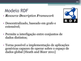 29



 Modelo RDF
• Resource Description Framework

• Descentralizado, baseado em grafo e
  extensível;

• Permite a interligação entre conjuntos de
  dados distintos;

• Torna possível a implementação de aplicações
  genéricas capazes de operar sobre o espaço de
  dados global [Heath and Bizer 2011]
 
