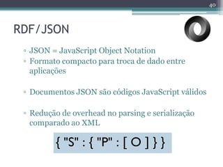 40



RDF/JSON
 ▫ JSON = JavaScript Object Notation
 ▫ Formato compacto para troca de dado entre
   aplicações

 ▫ Documentos JSON são códigos JavaScript válidos

 ▫ Redução de overhead no parsing e serialização
   comparado ao XML

         { "S" : { "P" : [ O ] } }
 