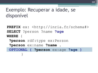68


Exemplo: Recuperar a idade, se
disponível

PREFIX ex: <http://inria.fr/schema#>
SELECT ?person ?name ?age
WHERE {
 ?person rdf:type ex:Person
 ?person ex:name ?name .
 OPTIONAL { ?person ex:age ?age }
      }
 
