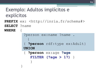 69


Exemplo: Adultos implícitos e
explícitos
PREFIX ex: <http://inria.fr/schema#>
SELECT ?name
WHERE {
         ?person ex:name ?name .
           {
         { ?person rdf:type ex:Adult}
         UNION
         { ?person ex:age ?age
             FILTER (?age > 17) }
             }
       }
 