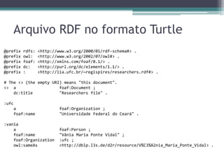 Arquivo RDF no formato Turtle
@prefix    rdfs:   <http://www.w3.org/2000/01/rdf-schema#> .
@prefix    owl:    <http://www.w3.org/2002/07/owl#> .
@prefix    foaf:   <http://xmlns.com/foaf/0.1/> .
@prefix    dc:     <http://purl.org/dc/elements/1.1/> .
@prefix    :       <http://lia.ufc.br/~regispires/researchers.rdf#> .

# The <> (the empty URI) means "this document".
<> a                   foaf:Document ;
    dc:title           "Researchers file" .

:ufc
       a                   foaf:Organization ;
       foaf:name           "Universidade Federal do Ceará" .

:vania
    a                      foaf:Person ;
    foaf:name              "Vânia Maria Ponte Vidal" ;
    foaf:Organization      :ufc ;
    owl:sameAs             <http://dblp.l3s.de/d2r/resource/V%C3%A2nia_Maria_Ponte_Vidal> .
 