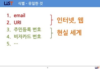 8
식별 – 유일한 것
1. email
2. URI
3. 주민등록 번호
4. 비자카드 번호
5. …
인터넷, 웹
현실 세계
 