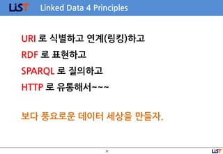 32
Linked Data 4 Principles
URI 로 식별하고 연계(링킹)하고
RDF 로 표현하고
SPARQL 로 질의하고
HTTP 로 유통해서~~~
보다 풍요로운 데이터 세상을 만들자.
 