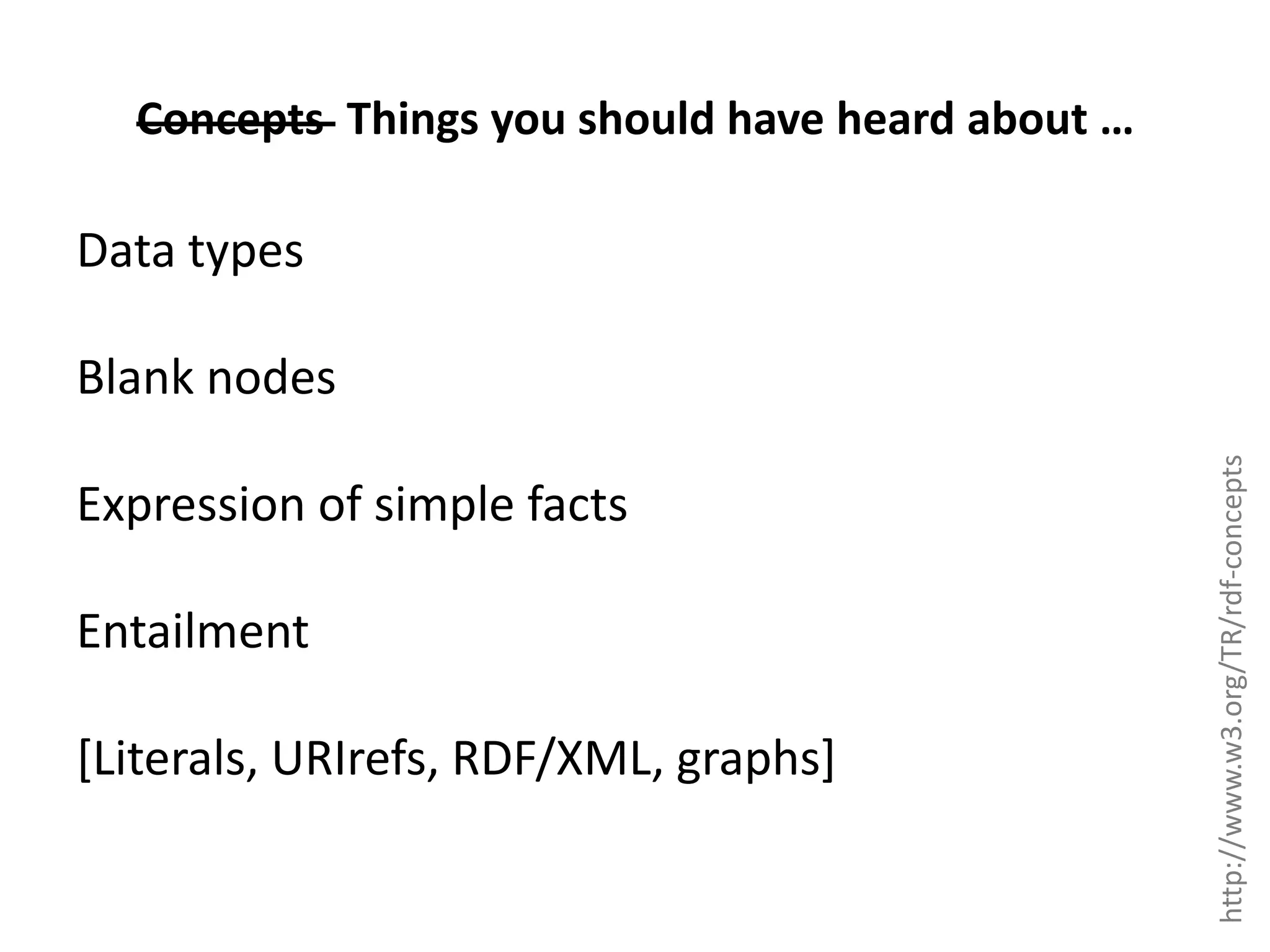 Concepts Things you should have heard about … Data types Expression of simple facts Entailment [Literals, URIrefs, RDF/XML, graphs] http://www.w3.org/TR/rdf-concepts Blank nodes 