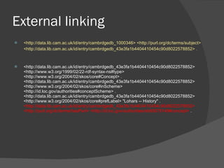 External linking <http://data.lib.cam.ac.uk/id/entry/cambrdgedb_1000346> <http://purl.org/dc/terms/subject> <http://data.lib.cam.ac.uk/id/entry/cambrdgedb_43e3fa1b4404410454c90d8022578852> .  <http://data.lib.cam.ac.uk/id/entry/cambrdgedb_43e3fa1b4404410454c90d8022578852> <http://www.w3.org/1999/02/22-rdf-syntax-ns#type> <http://www.w3.org/2004/02/skos/core#Concept> . <http://data.lib.cam.ac.uk/id/entry/cambrdgedb_43e3fa1b4404410454c90d8022578852> <http://www.w3.org/2004/02/skos/core#inScheme> <http://id.loc.gov/authorities#conceptScheme> . <http://data.lib.cam.ac.uk/id/entry/cambrdgedb_43e3fa1b4404410454c90d8022578852> <http://www.w3.org/2004/02/skos/core#prefLabel> "Lohars -- History" .  <http://data.lib.cam.ac.uk/id/entry/cambrdgedb_43e3fa1b4404410454c90d8022578852> <http://purl.org/dc/terms/hasPart> <http://id.loc.gov/authorities/sh85078149#concept>  . 