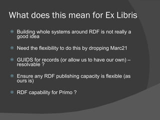 What does this mean for Ex Libris Building whole systems around RDF is not really a good idea Need the flexibility to do this by dropping Marc21 GUIDS for records (or allow us to have our own) – resolvable ? Ensure any RDF publishing capacity is flexible (as ours is) RDF capability for Primo ? 