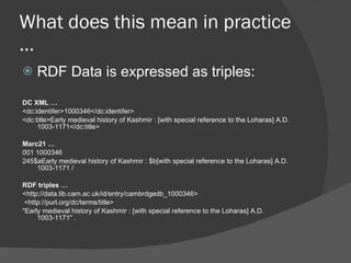What does this mean in practice … RDF Data is expressed as triples: DC XML … <dc:identifer>1000346</dc:identifer> <dc:title>Early medieval history of Kashmir : [with special reference to the Loharas] A.D. 1003-1171</dc:title> Marc21 … 001 1000346 245$aEarly medieval history of Kashmir : $b[with special reference to the Loharas] A.D. 1003-1171 / RDF triples … <http://data.lib.cam.ac.uk/id/entry/cambrdgedb_1000346> <http://purl.org/dc/terms/title>  "Early medieval history of Kashmir : [with special reference to the Loharas] A.D. 1003-1171" . 