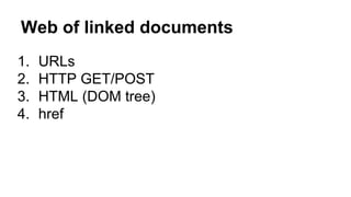 Web of linked documents
1. URLs
2. HTTP GET/POST
3. HTML (DOM tree)
4. href
 
