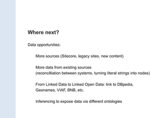 Where next?

Data opportunities:

    More sources (Sitecore, legacy sites, new content)

    More data from existing sources
    (reconcilliation between systems, turning literal strings into nodes)

    From Linked Data to Linked Open Data: link to DBpedia,
    Geonames, VIAF, BNB, etc.

    Inferencing to expose data via different ontologies
 