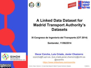 A Linked Data Dataset for
Madrid Transport Authority’s
Datasets
XI Congreso de Ingeniería del Transporte (CIT 2014)
Santander, 11/06/2014
Oscar Corcho, Luis Criado, Javier Chamorro
ocorcho@fi.upm.es, {luis.criado,javier.chamorro}@crtm.es
@ocorcho
https://www.slideshare.com/ocorcho
11/06/2014
Corcho, Criado, Chamorro - A Linked Data Dataset for Madrid Transport Authority’s Datasets
 