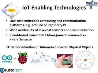 IoT Enabling Technologies
• Low-cost embedded computing and communication
platforms, e.g. Arduino or Rapsberry PI
• Wide availability of low-cost sensors and sensor networks
• Cloud-based Sensor Data Management Frameworks:
Xively, Sense.se

 Democratization of Internet-connected Physical Objects

4

 