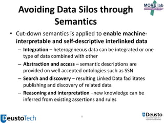 Avoiding Data Silos through
Semantics
• Cut-down semantics is applied to enable machineinterpretable and self-descriptive interlinked data
– Integration – heterogeneous data can be integrated or one
type of data combined with other
– Abstraction and access – semantic descriptions are
provided on well accepted ontologies such as SSN
– Search and discovery – resulting Linked Data facilitates
publishing and discovery of related data
– Reasoning and interpretation –new knowledge can be
inferred from existing assertions and rules
8

 