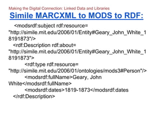 Simile MARCXML to MODS to RDF:
<modsrdf:subject rdf:resource=
"http://simile.mit.edu/2006/01/Entity#Geary_John_White_1
819...